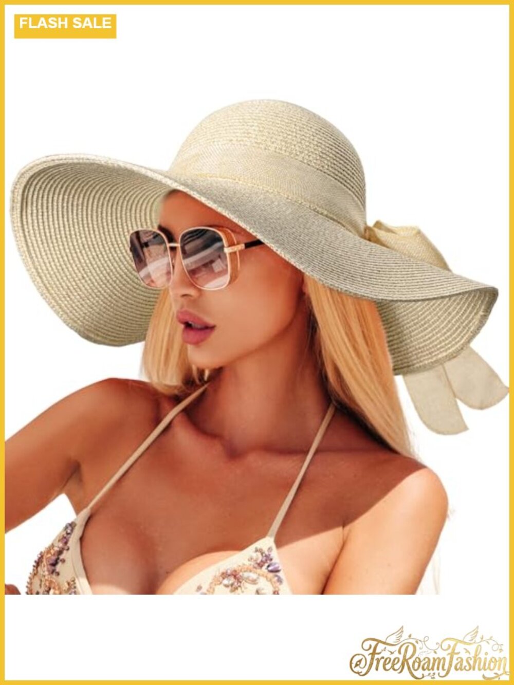 Wide Brim Straw Sun Hat Floppy Packable UPF 50+ Beach Hat for Women